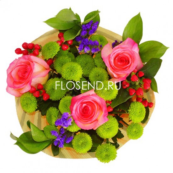 Букет из роз и хризантем и зелени - фото 2
